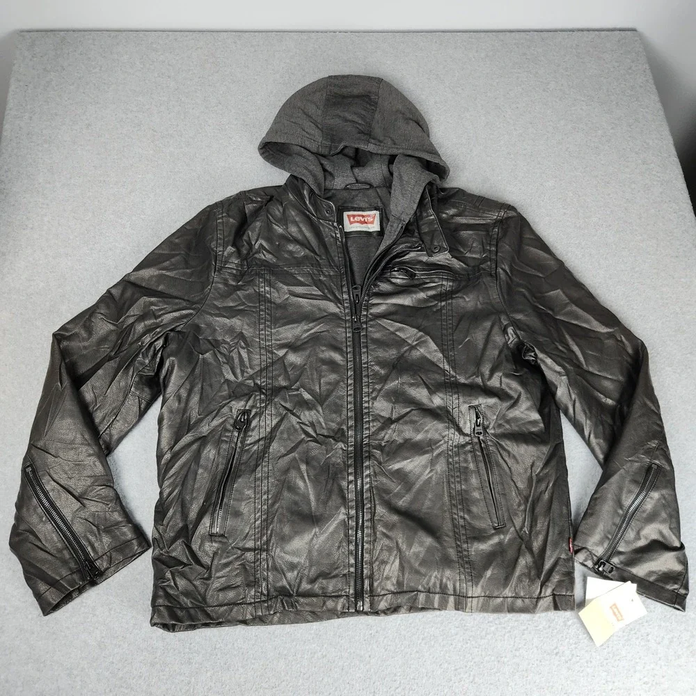 Levi's Biker Jacket Mens XL Black Long Sleeve Y2K Hooded Full Zip Outerwear